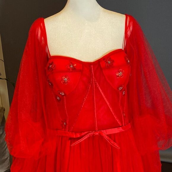 Women’s Red Prom Party Formal Dress With Corset Back and Leg Slit Size 16 NWOT - Picture 2 of 12